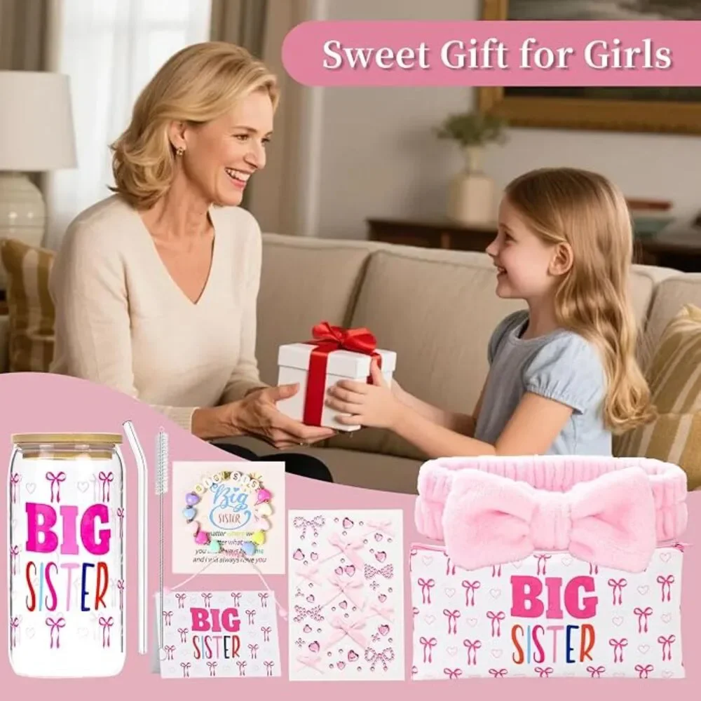 BIG SISTER Pink Bow Tumbler Gift Set with Bag & Card -Baby Announcement